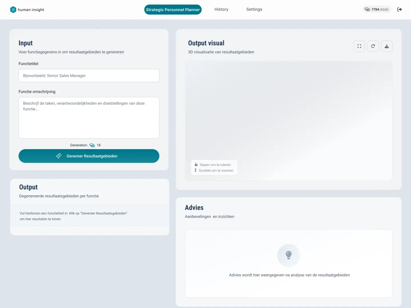 Wireframe van de eerste AI-analyseflow met invoer en resultaatweergave.