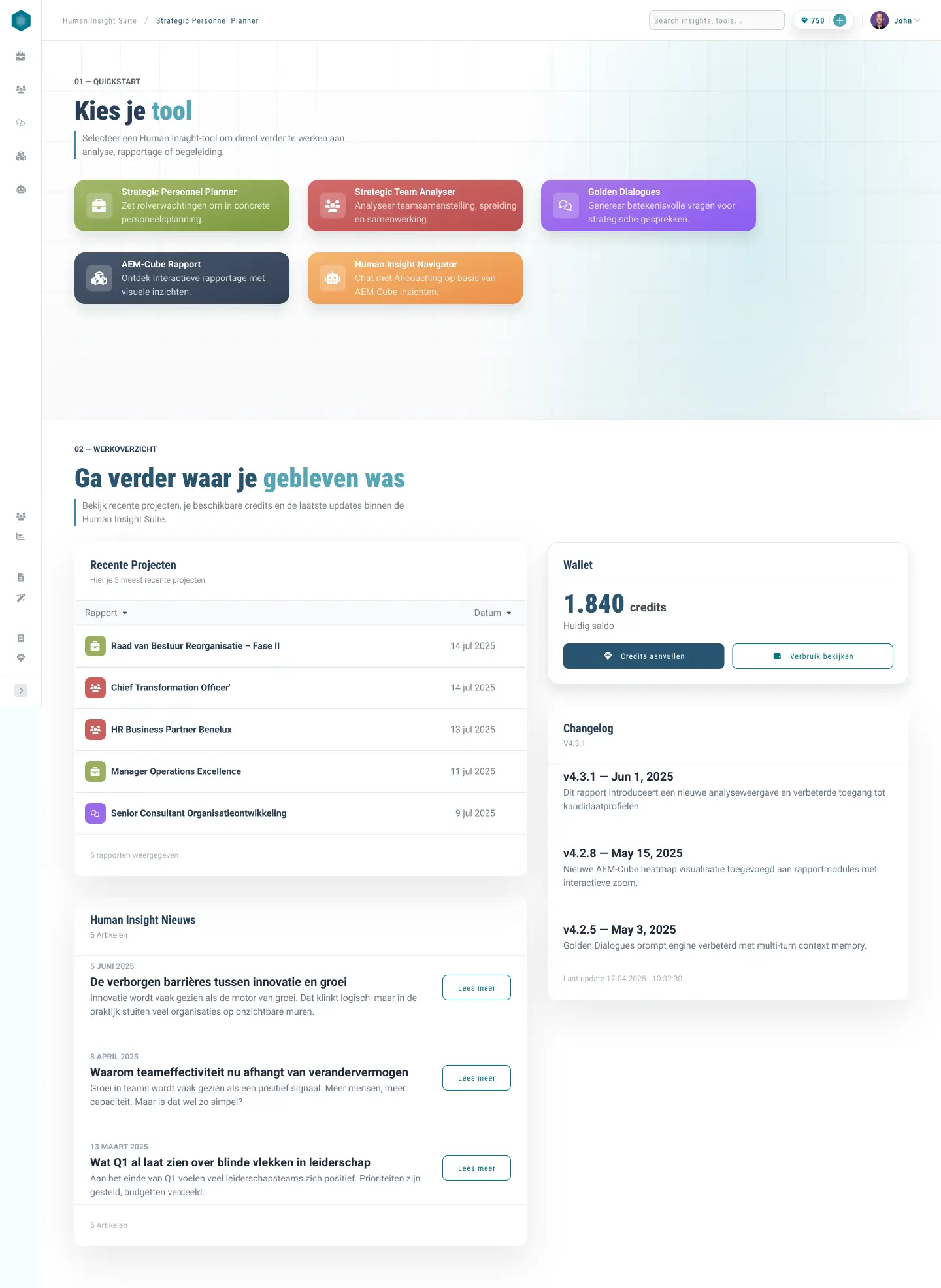 Dashboard van de AI-werkomgeving met overzichtskaarten, recente analyses en credits.