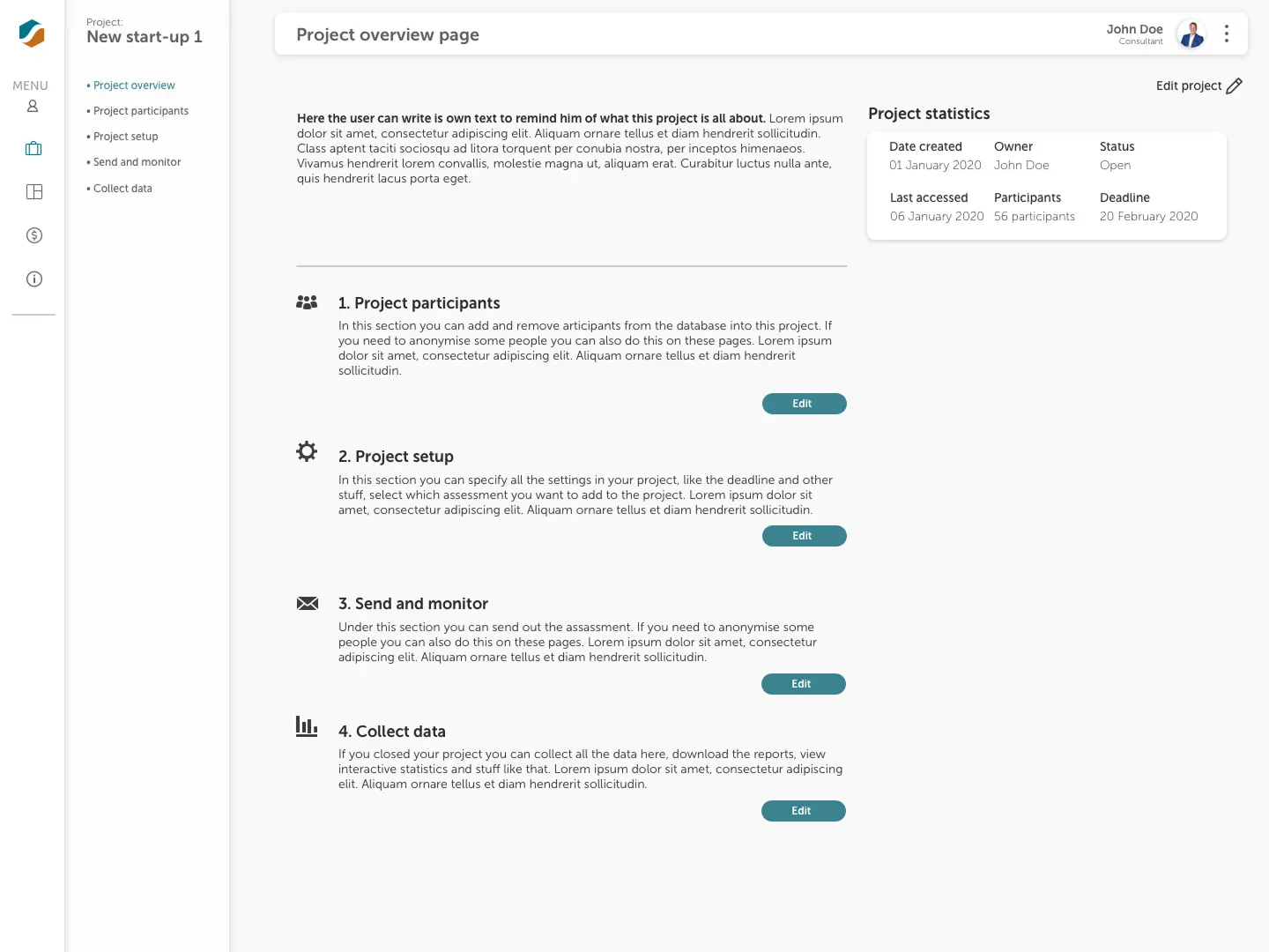 Wireframes van de eerste structuur voor het assessmentplatform.