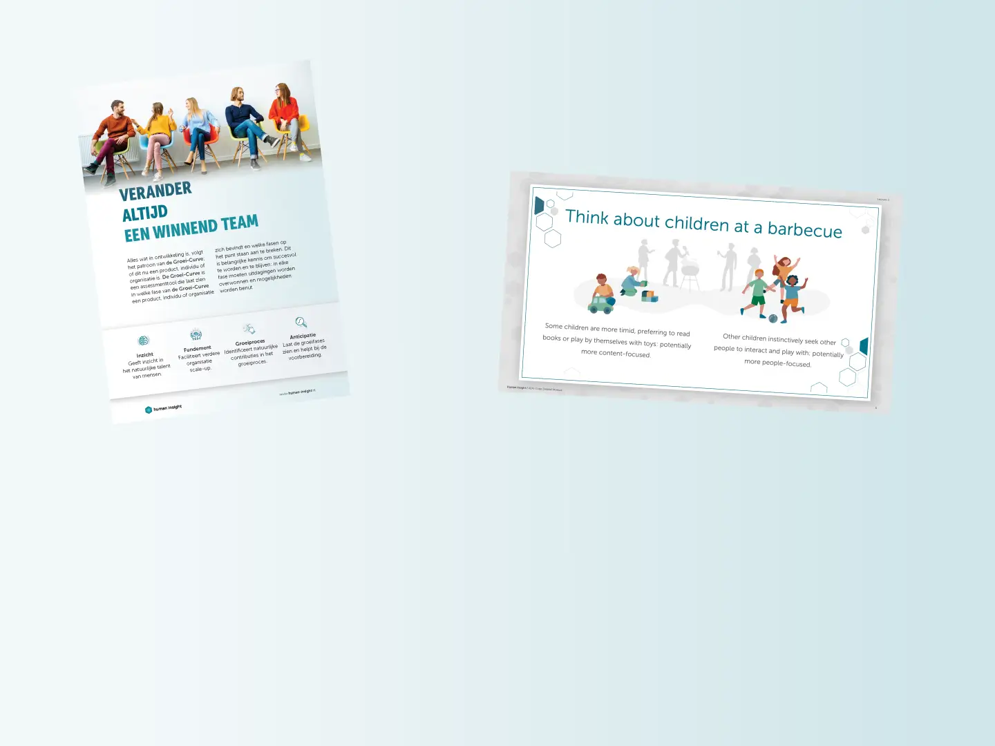 Voorbeelden van Human Insight branding toegepast op print- en presentatiemateriaal.