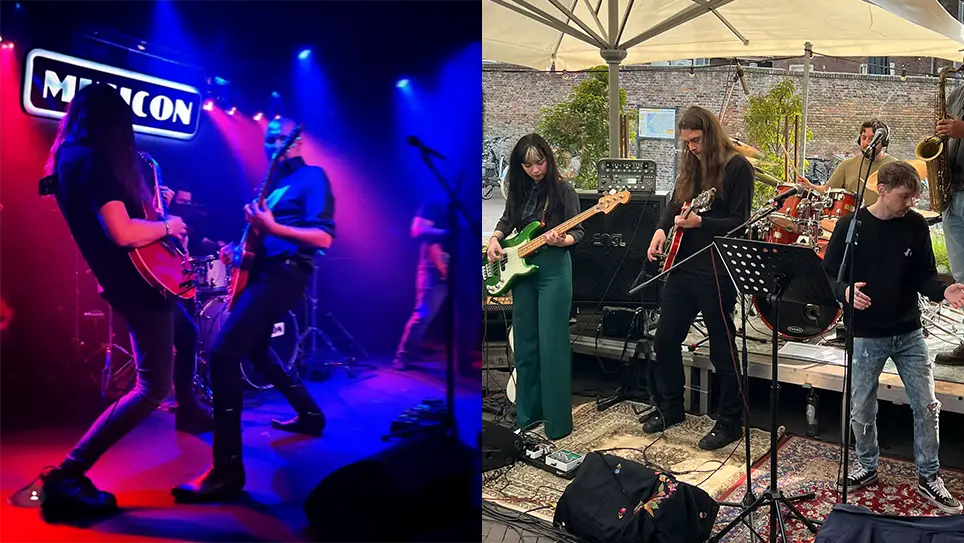 Jim speelt muziek in band